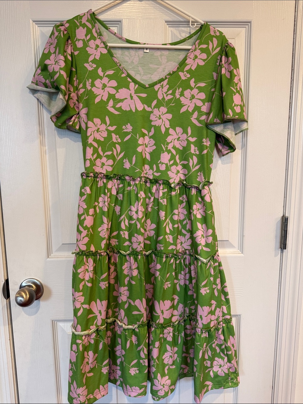 Green & Pink Floral Tiered Midi Dress